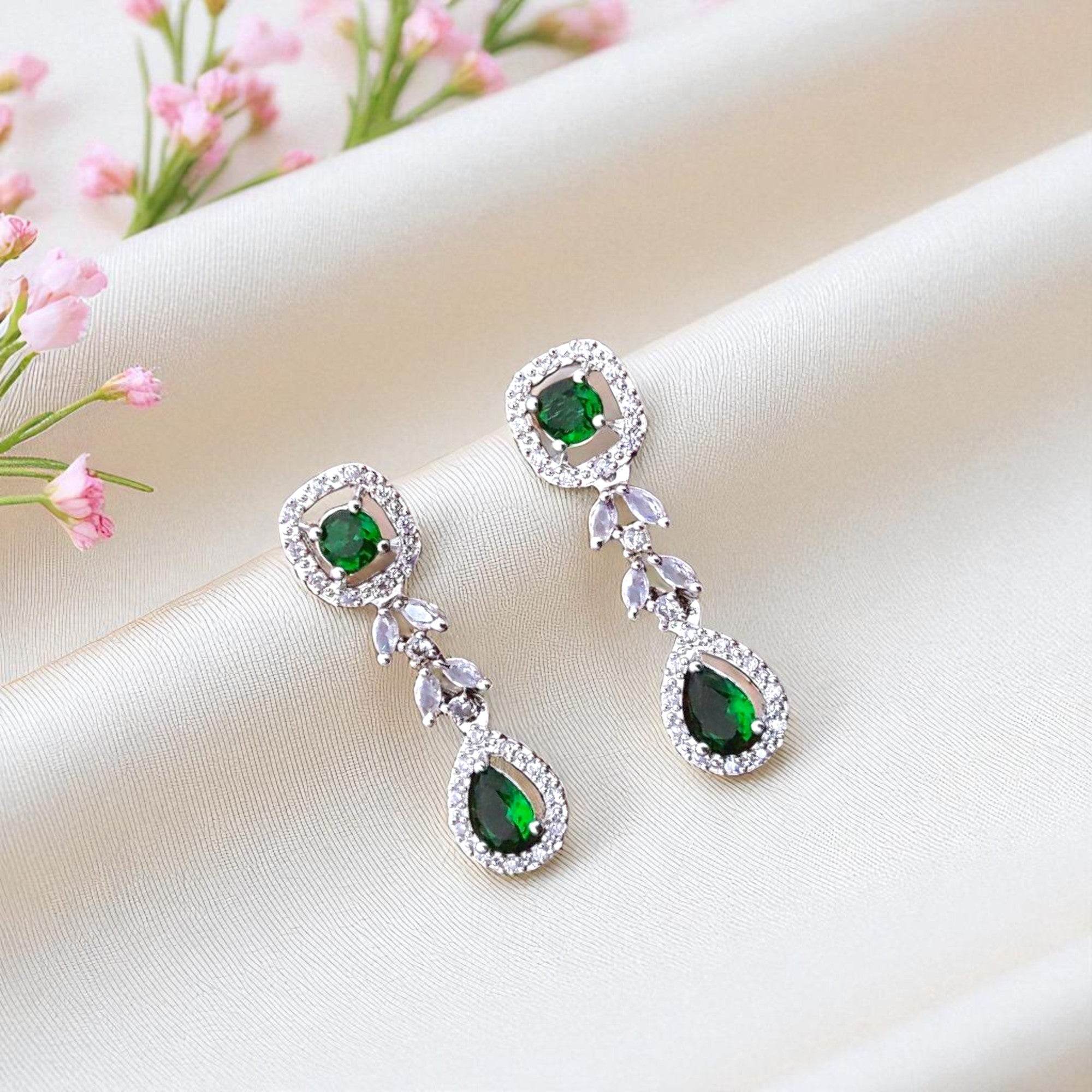 Elegant Green Gemstone Drop Earrings with Sparkling Accents for Women