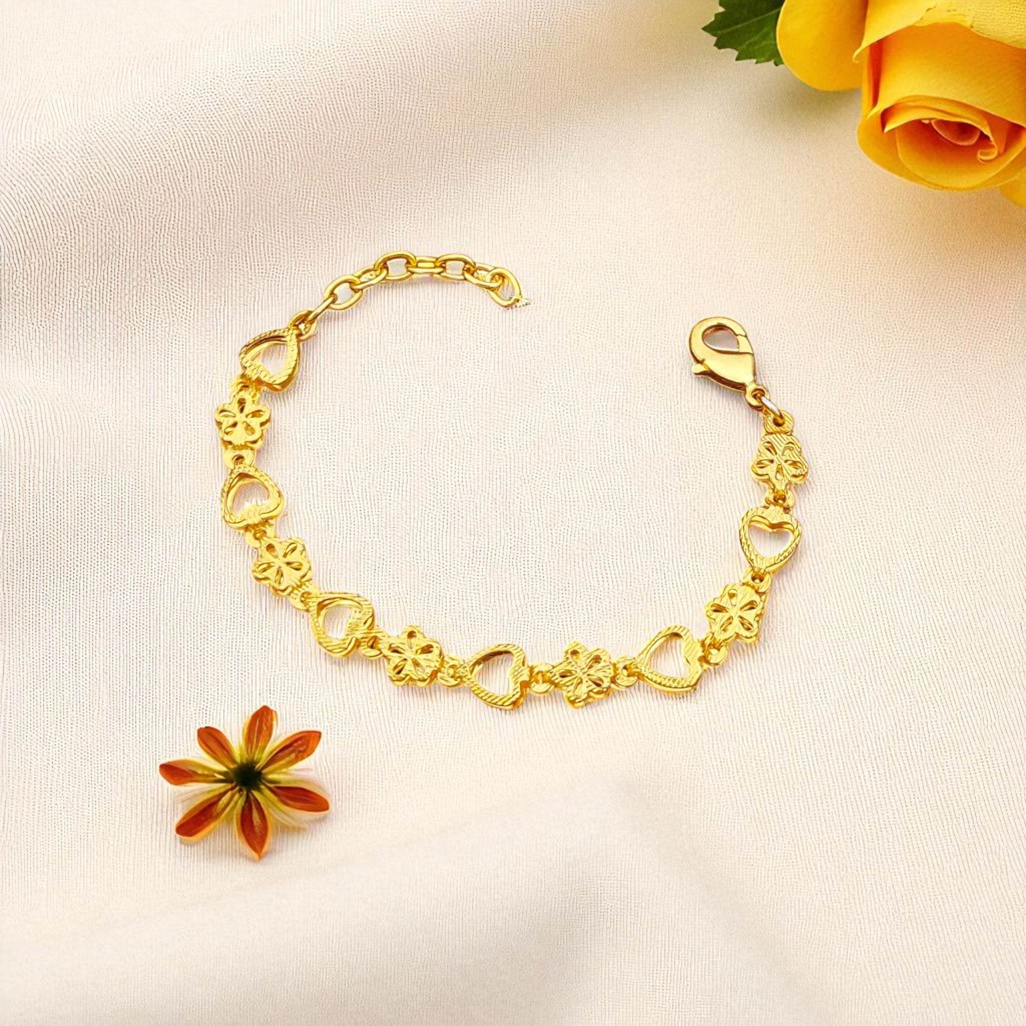 Elegant Gold-Toned Heart & Flower Charm Bracelet for Women - Prestalla