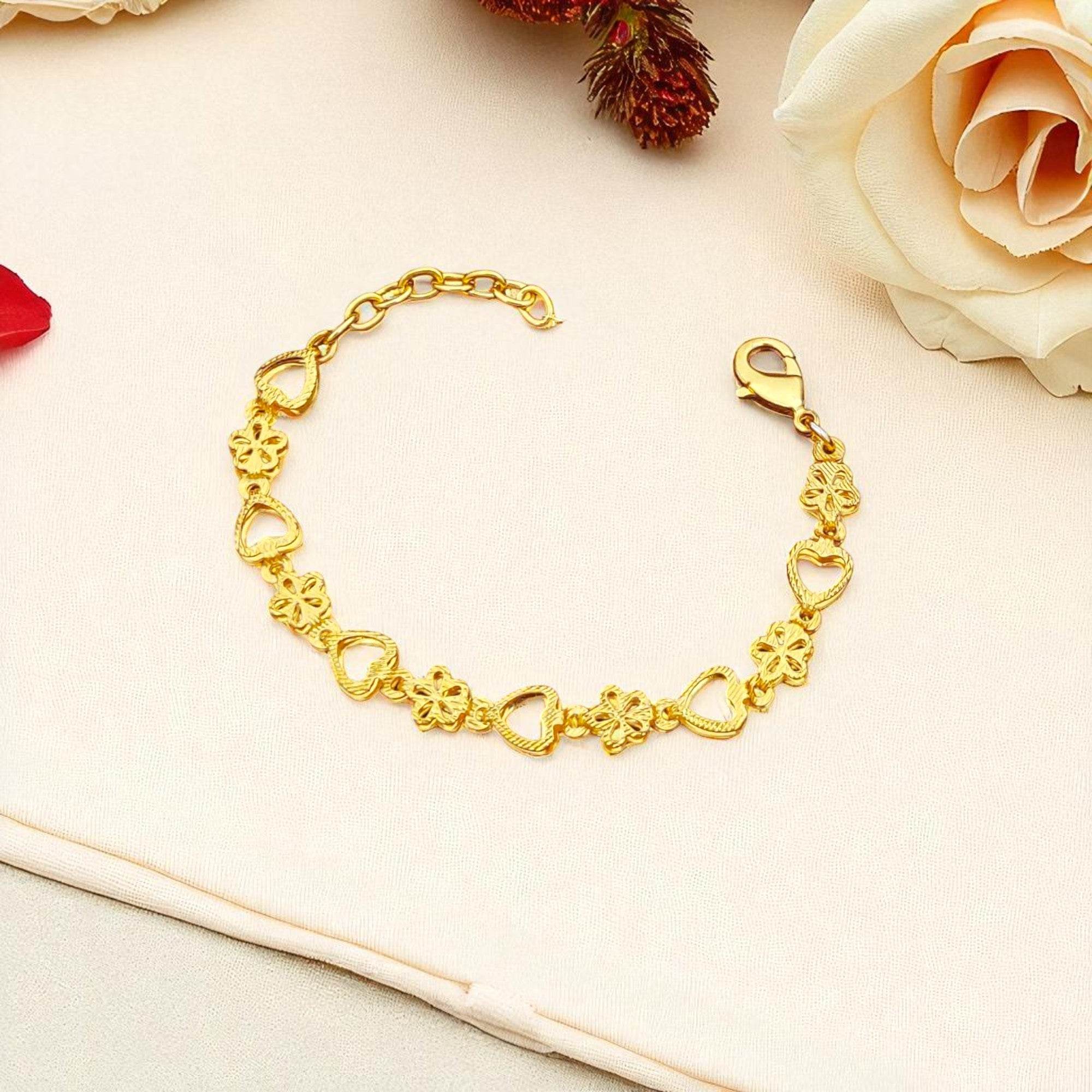 Elegant Gold-Toned Heart & Flower Charm Bracelet for Women - Prestalla