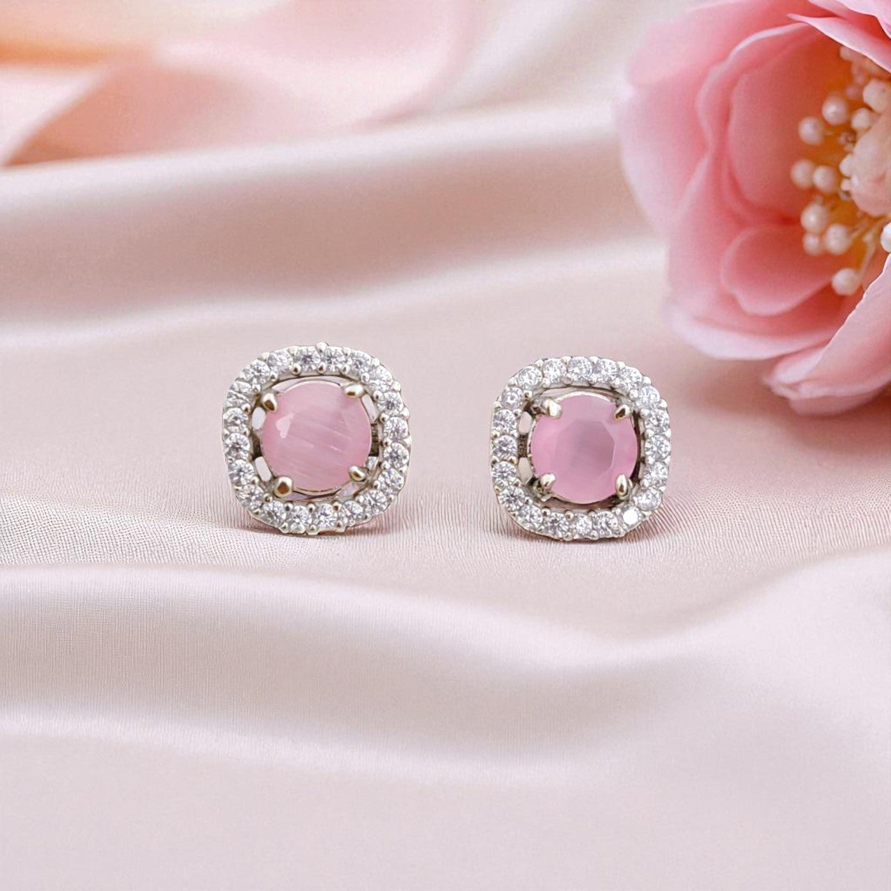 Elegant Pink Gemstone Stud Earrings with Sparkling Halo for Women