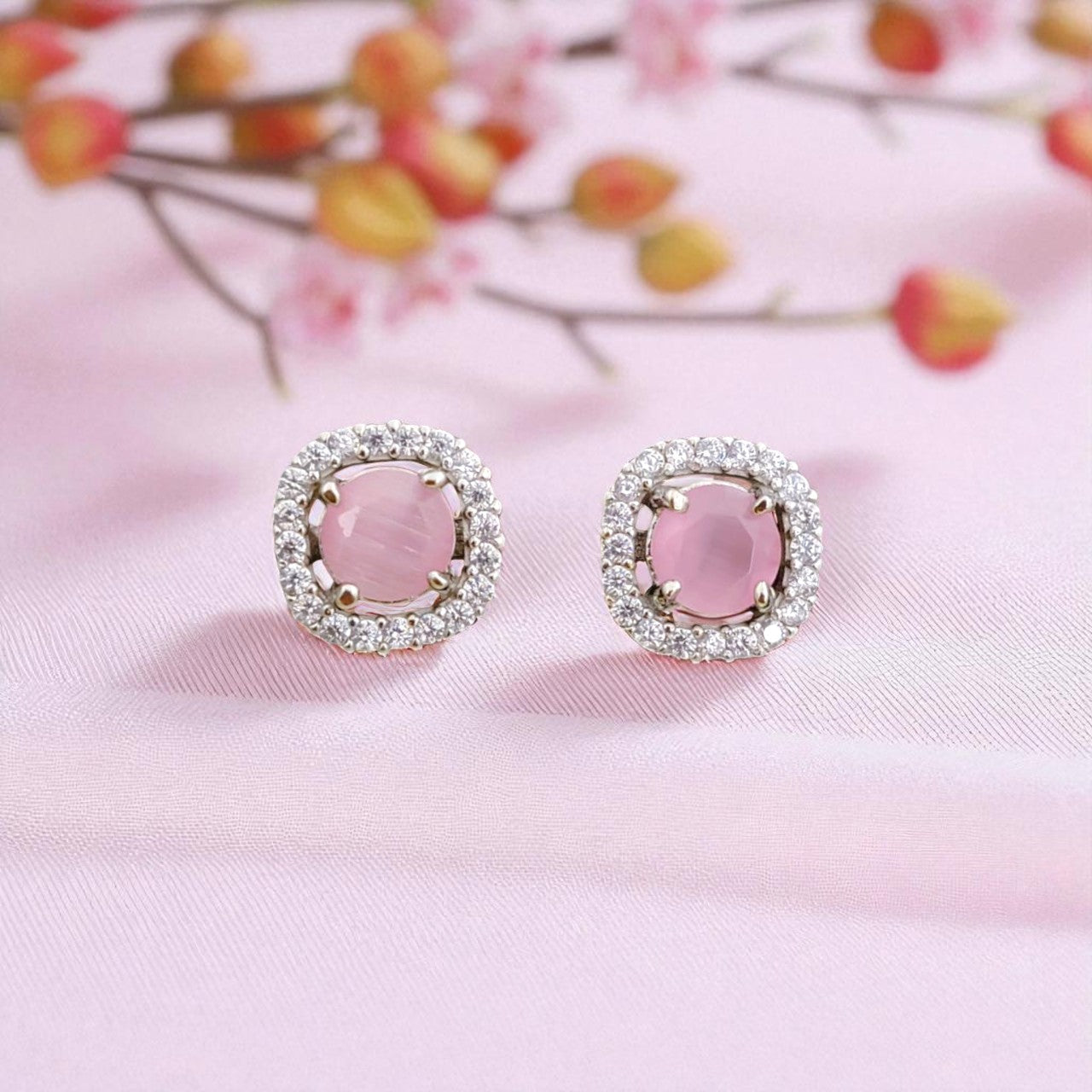 Elegant Pink Gemstone Stud Earrings with Sparkling Halo for Women
