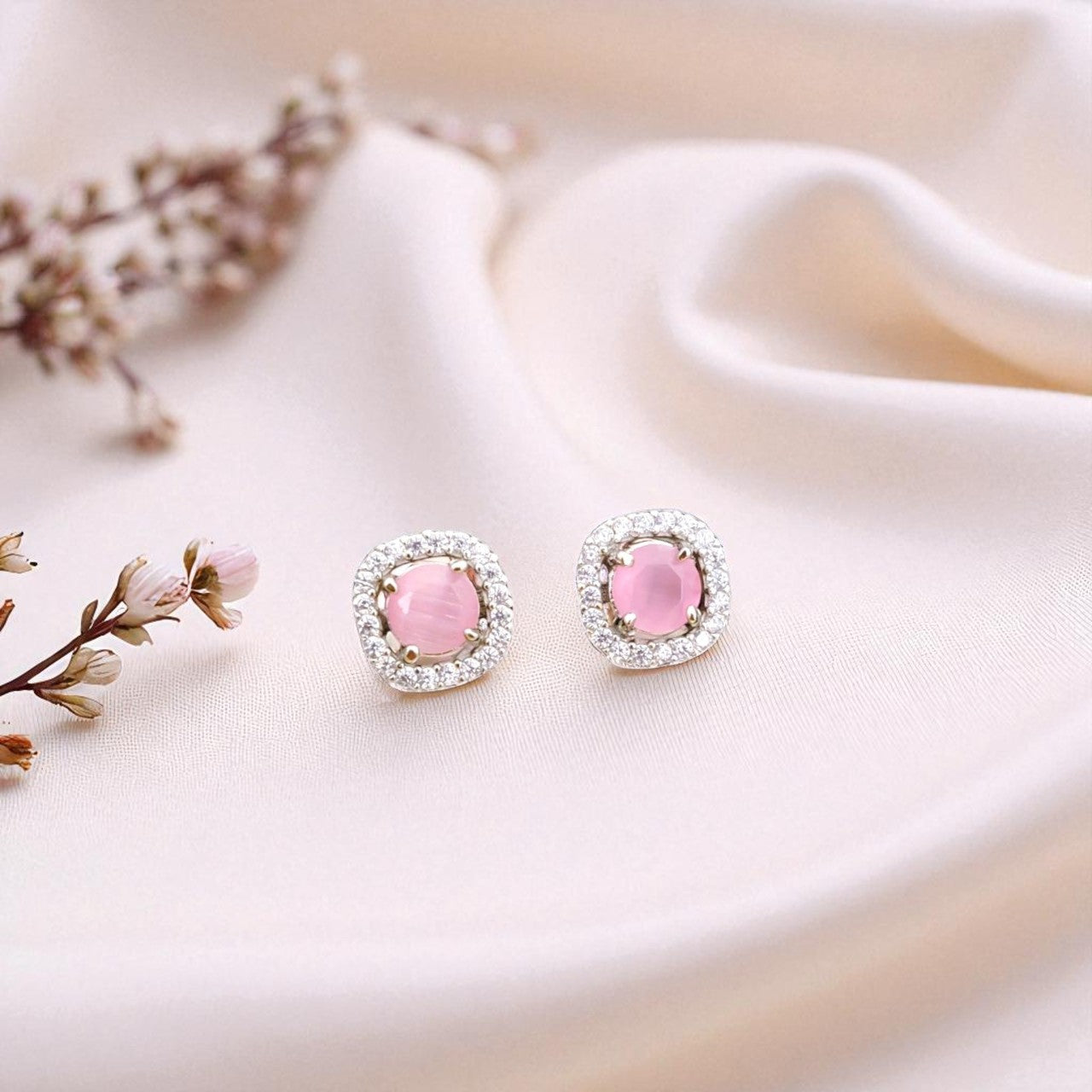 Elegant Pink Gemstone Stud Earrings with Sparkling Halo for Women