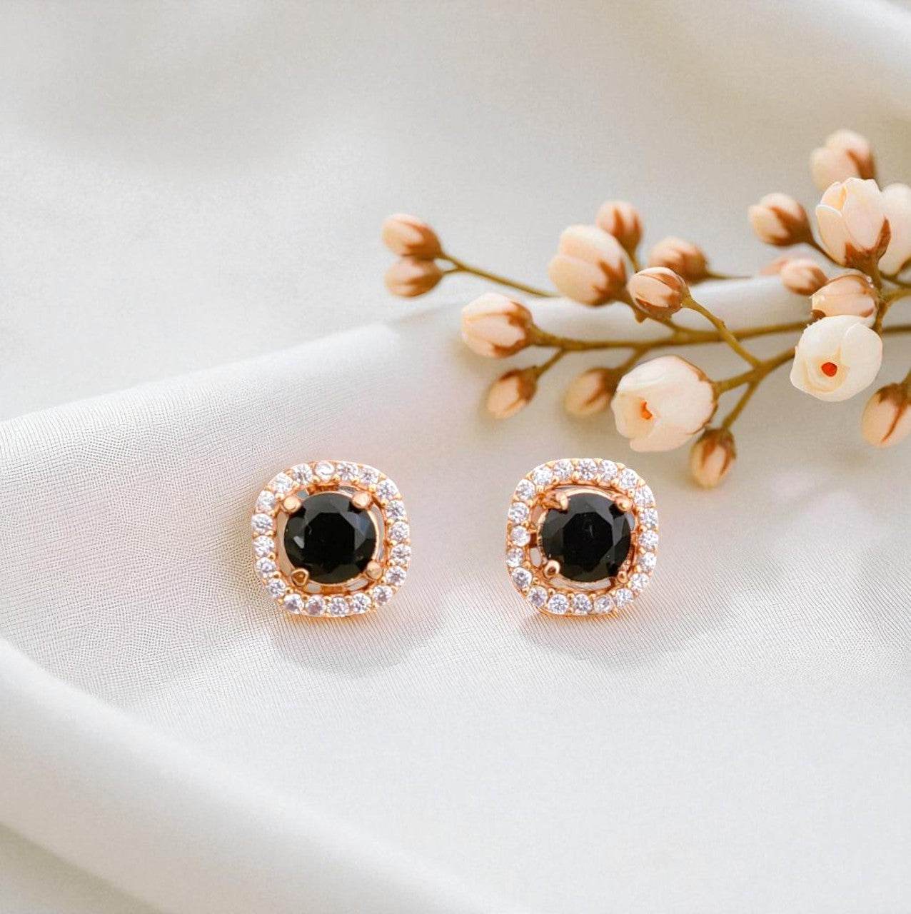 Elegant Black Stone Gold-Plated Halo Stud Earrings for Women - Prestalla