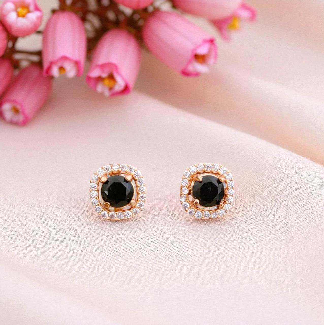 Elegant Black Stone Gold-Plated Halo Stud Earrings for Women - Prestalla