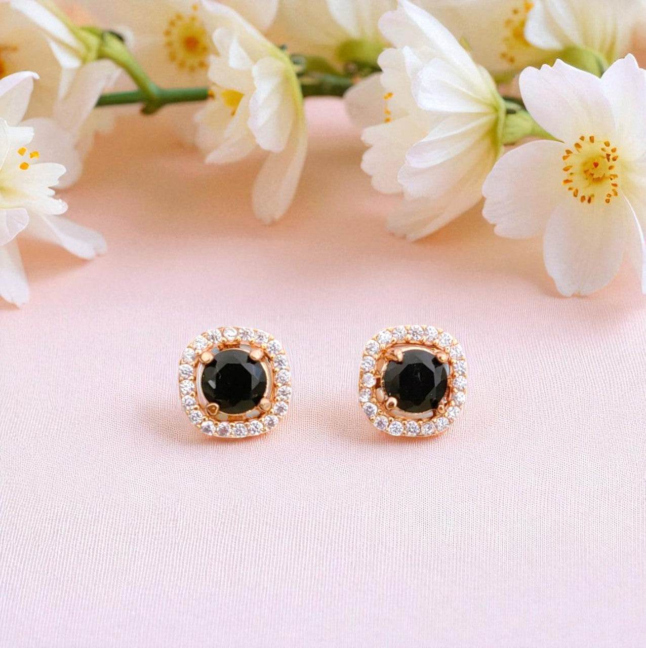 Elegant Black Stone Gold-Plated Halo Stud Earrings for Women - Prestalla