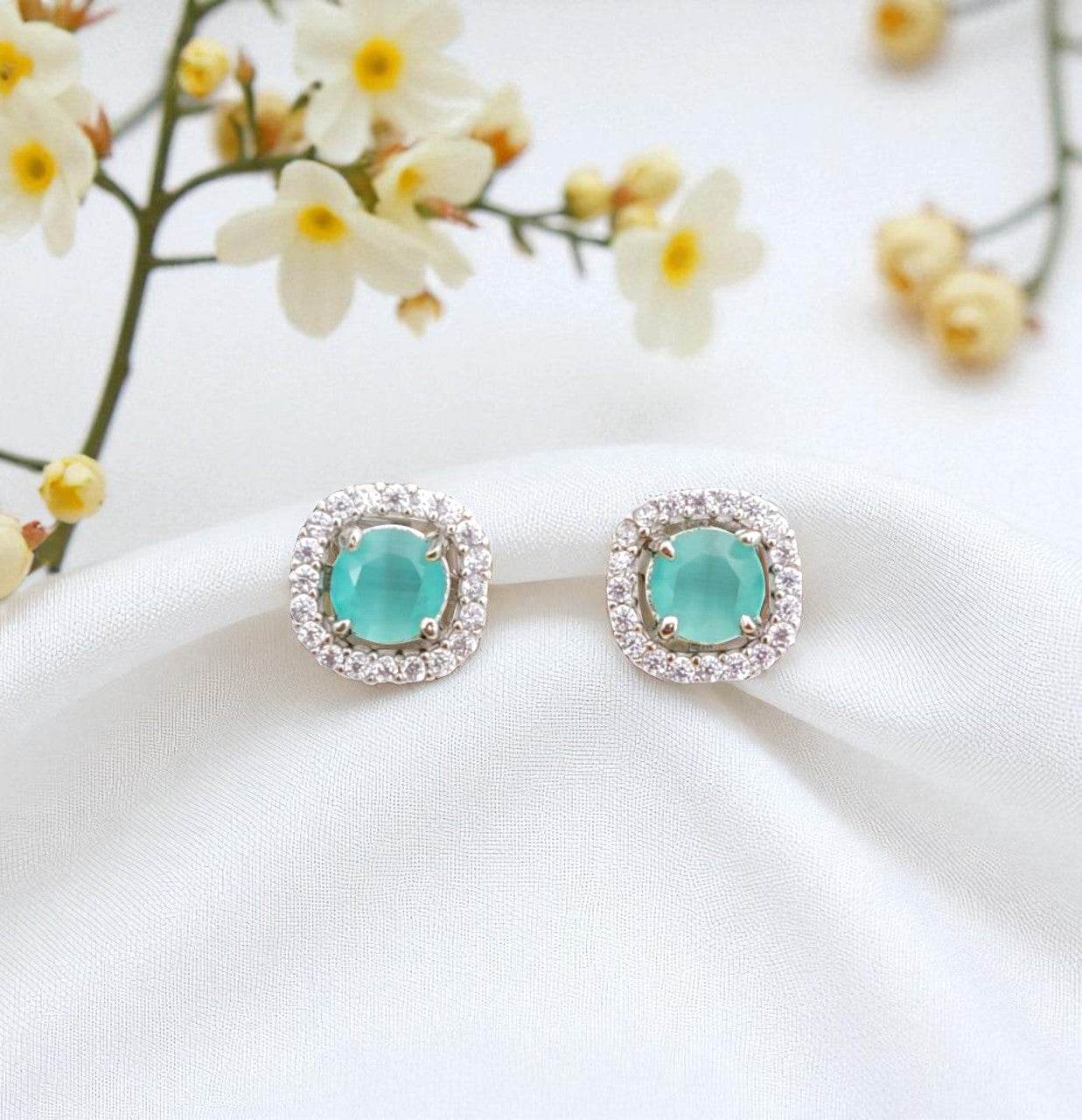 Elegant Cushion-Cut Green Gemstone Stud Earrings with Sparkling Halo for Women - Prestalla