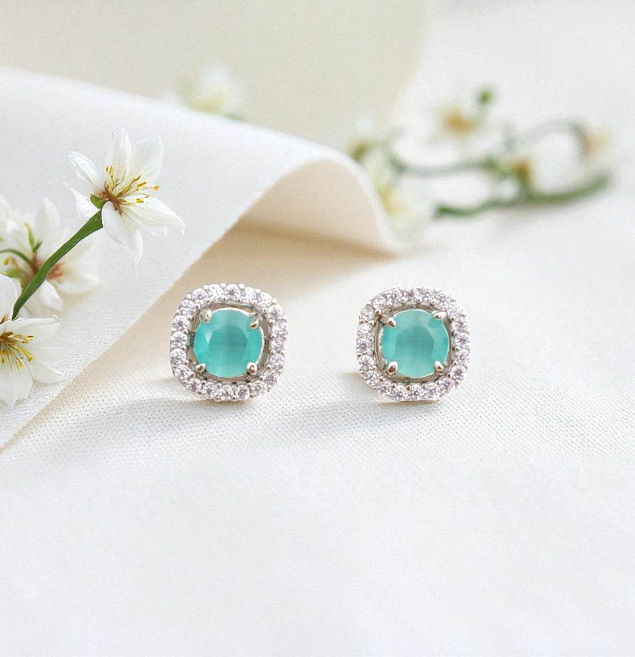 Elegant Cushion-Cut Green Gemstone Stud Earrings with Sparkling Halo for Women - Prestalla
