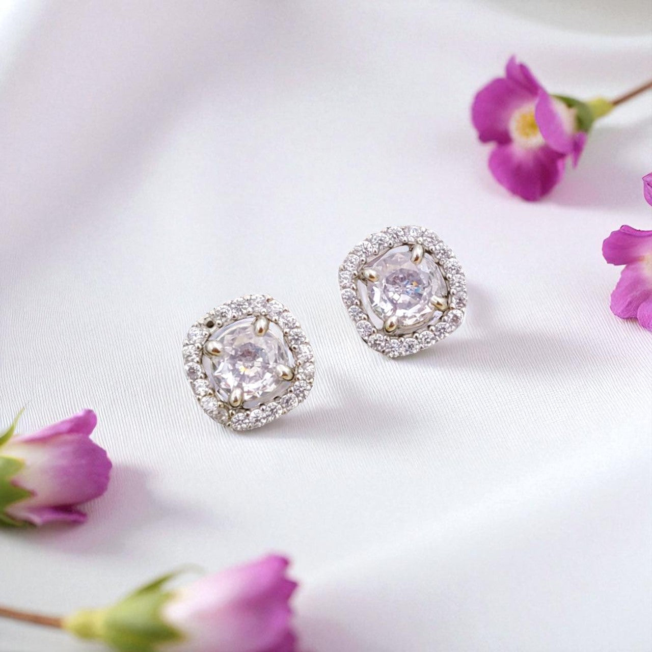 Elegant Square Halo Stud Earrings with Sparkling Stones for Women