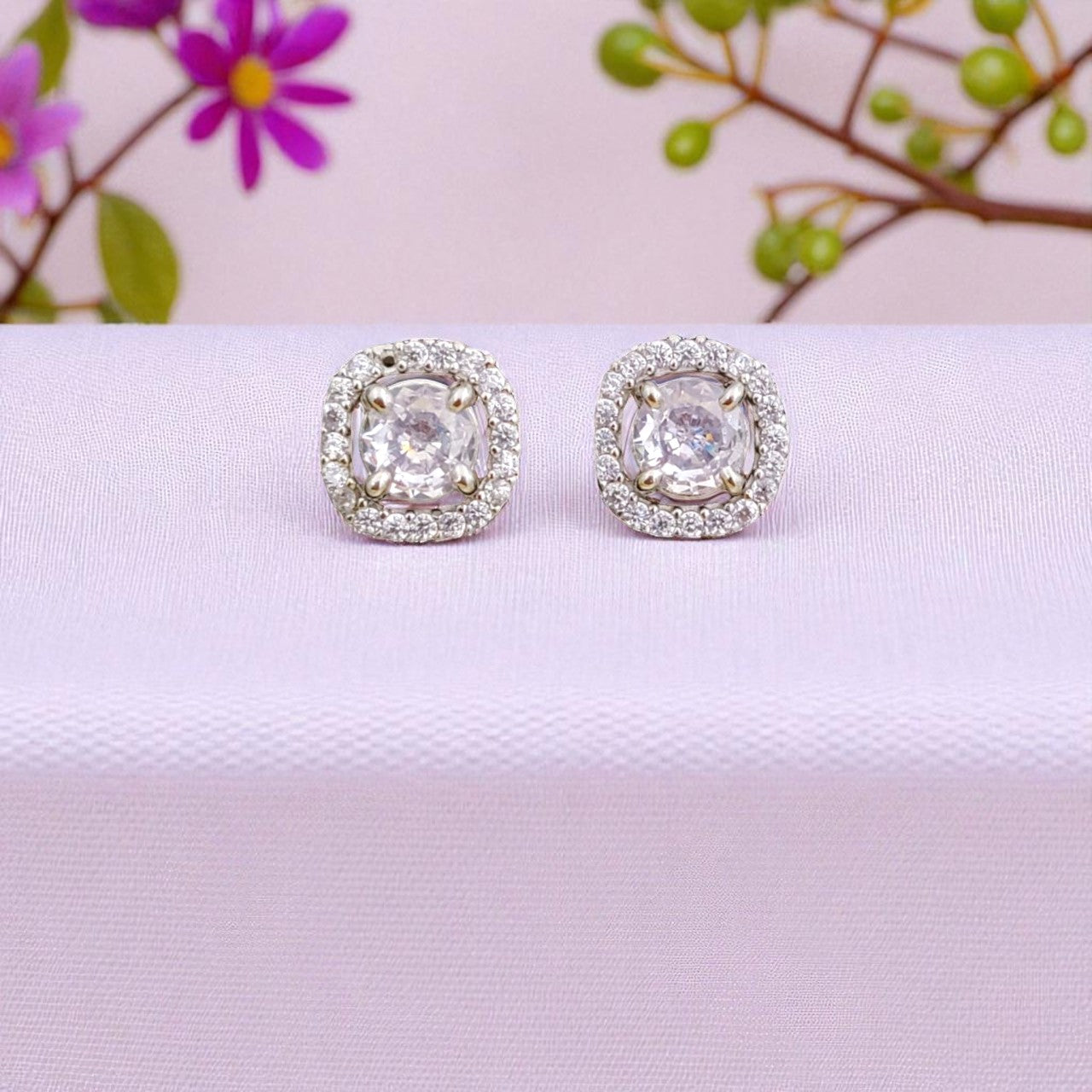 Elegant Square Halo Stud Earrings with Sparkling Stones for Women