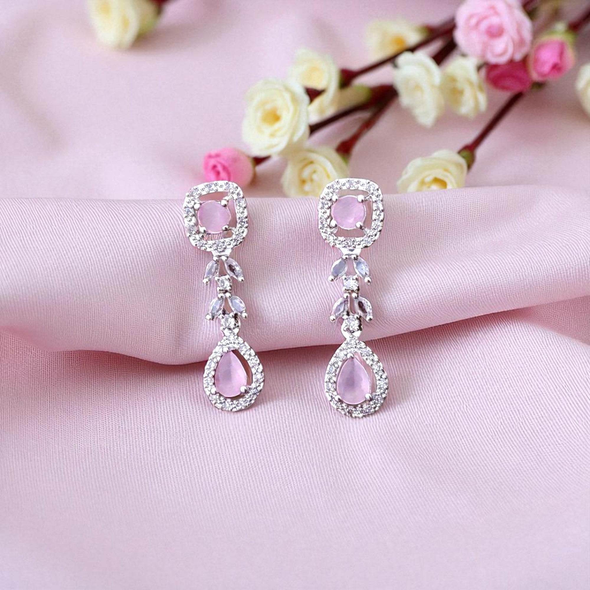 Elegant Pink Gemstone Drop Earrings with Sparkling Accents for Women - Prestalla