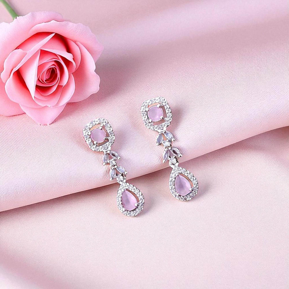 Elegant Pink Gemstone Drop Earrings with Sparkling Accents for Women - Prestalla