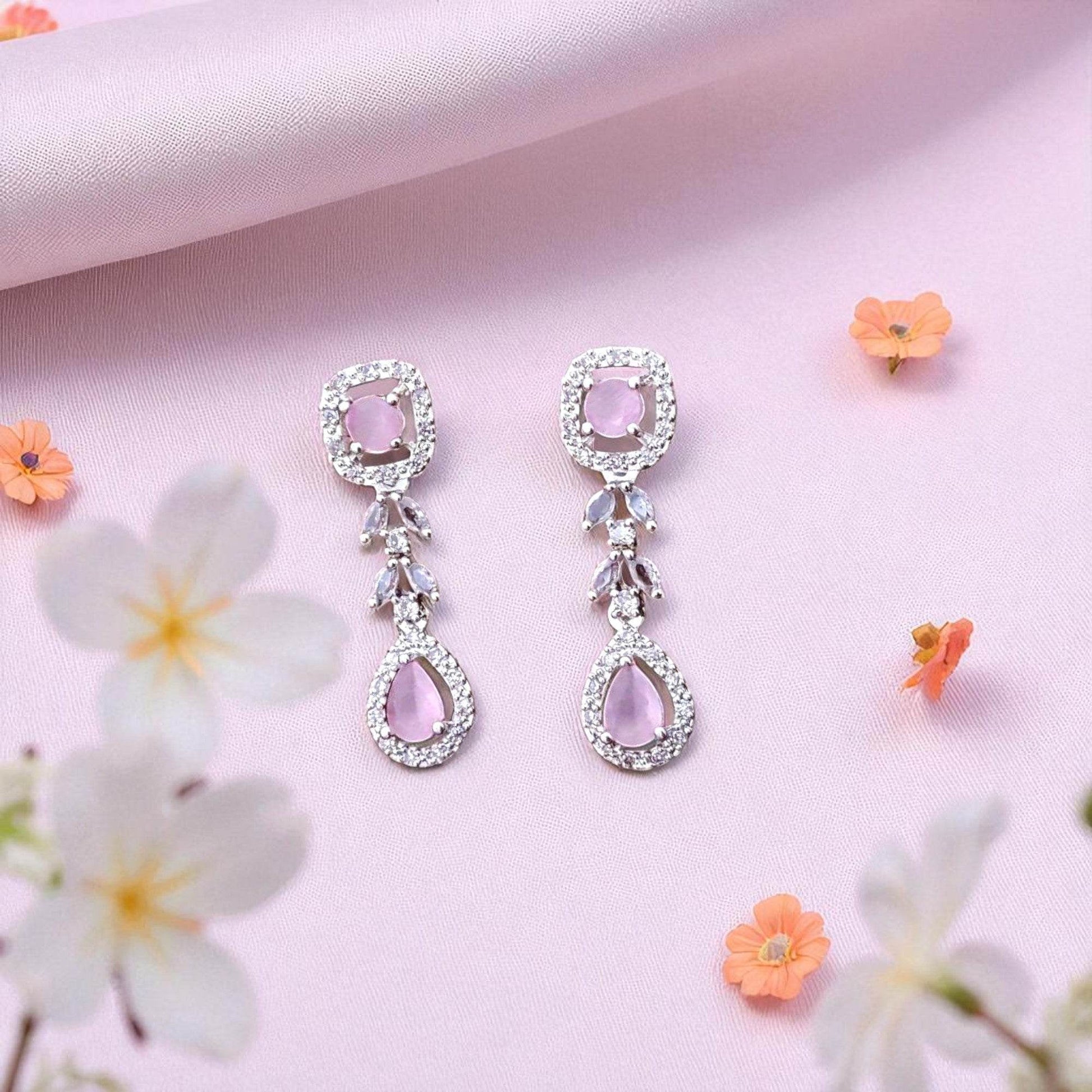 Elegant Pink Gemstone Drop Earrings with Sparkling Accents for Women - Prestalla