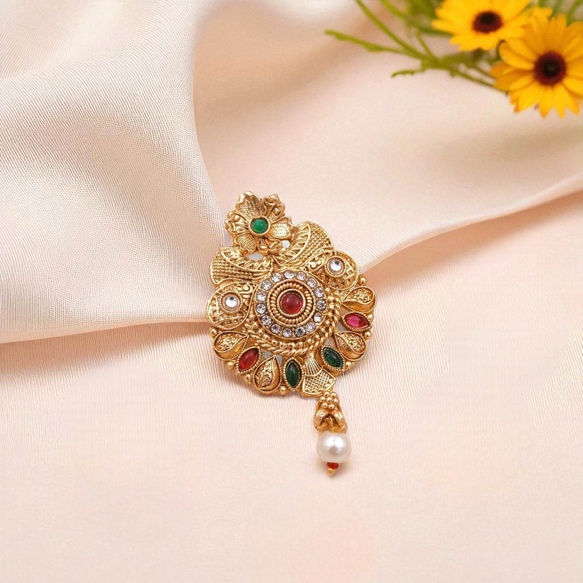 Elegant Gold-Plated Saree Pin with Colored Stones & Pearl Drop for Women - Prestalla