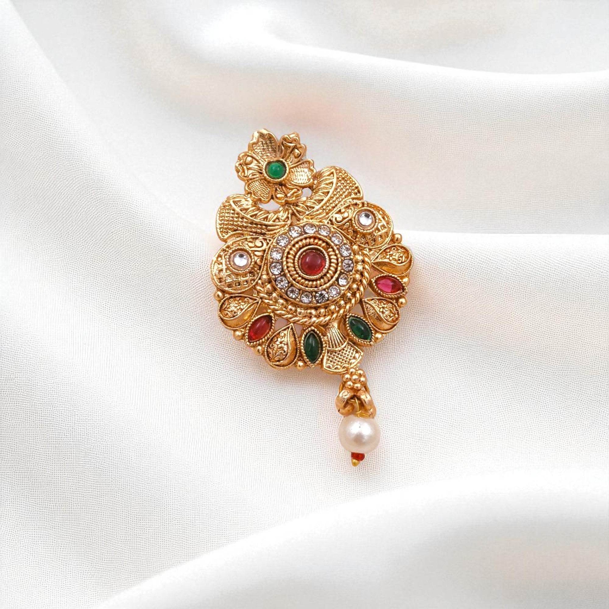 Elegant Gold-Plated Saree Pin with Colored Stones & Pearl Drop for Women - Prestalla