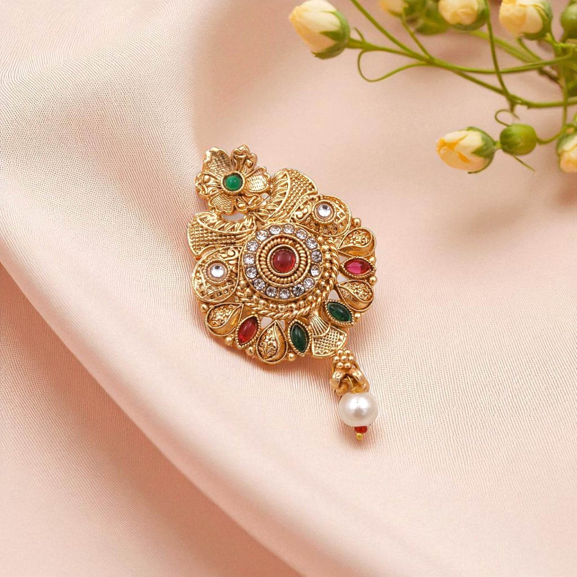 Elegant Gold-Plated Saree Pin with Colored Stones & Pearl Drop for Women - Prestalla