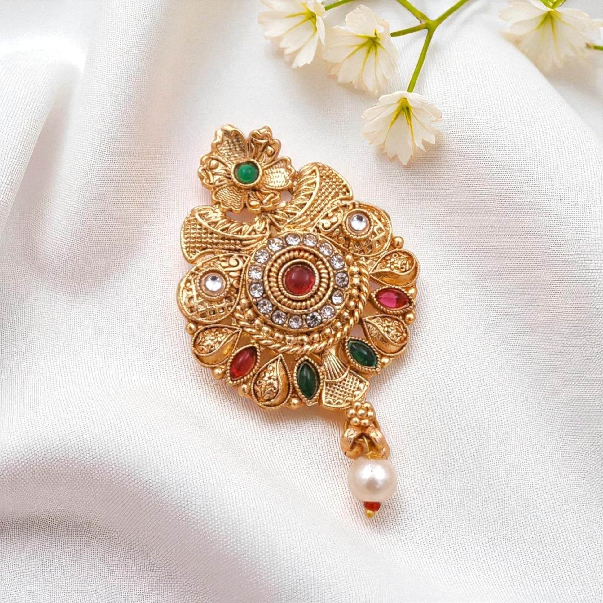 Elegant Gold-Plated Saree Pin with Colored Stones & Pearl Drop for Women - Prestalla